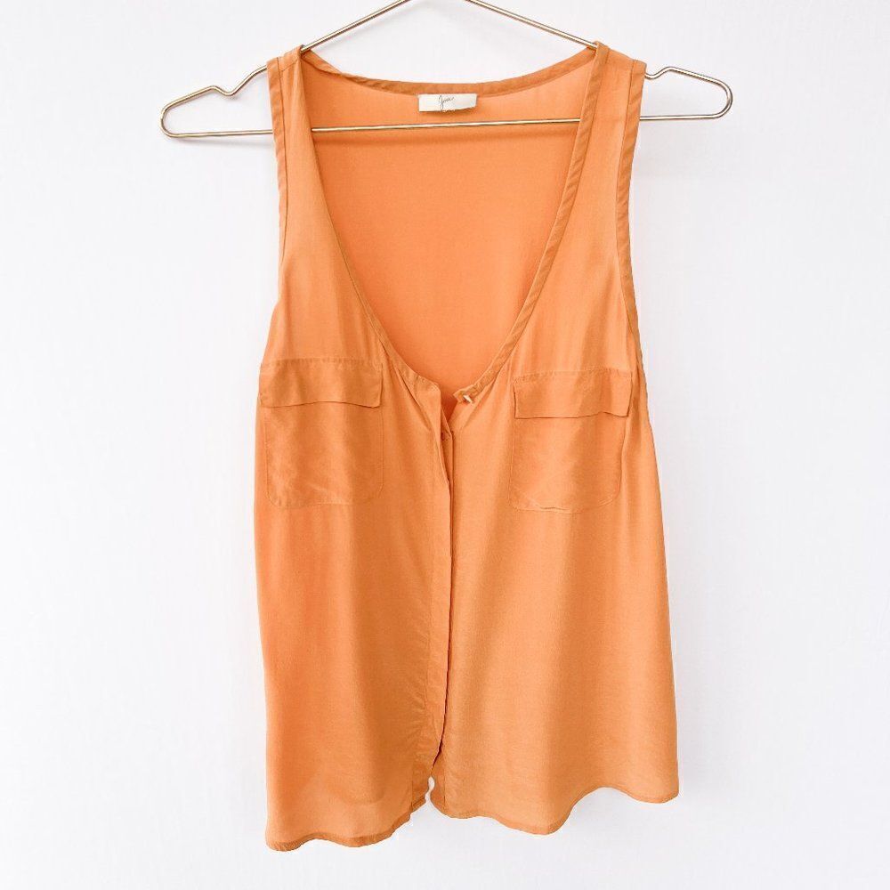 Joie Peach Orange Button Up Pockets 100% Silk Tank Top
